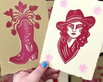 Strawberry Cowgirl Print Set l Cowboy Boot Mini Block Print | Cowboy | Western | Relief Print | Country Music