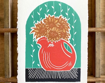 Handmade Fiestaware Disc Pitcher Sunflower Linocut Print | Folk Art | Summer Food | Cottagecore | Kitchen Art