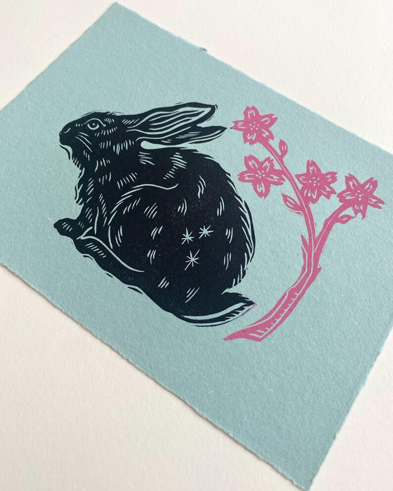 Linocut Rabbit Pattern Cherry Blossom Bunny Rabbit Handmade Linocut Print | Springtime Gallery ...