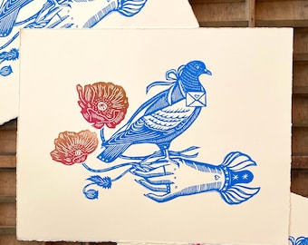 Messenger Pigeon Victorian Hand Linocut Block Print | Whimsigoth | Handmade Print | Gallery Wall