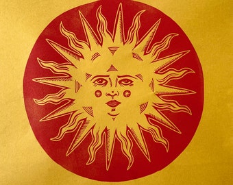 Soleil Celestial Sun Block - Handmade Linocut Relief Print Sunshine Solar Summer Solstice Gift