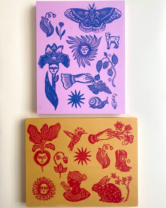 Hand Printed Linocut Wooden Panel | Block Print | Tattoo Ephemera | Handmade Home Decor | Gallery Wall