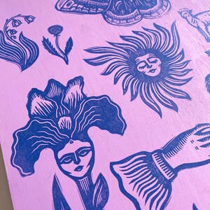 Hand Printed Linocut Wooden Panel | Block Print | Tattoo Ephemera | Handmade Home Decor | Gallery Wall image 4