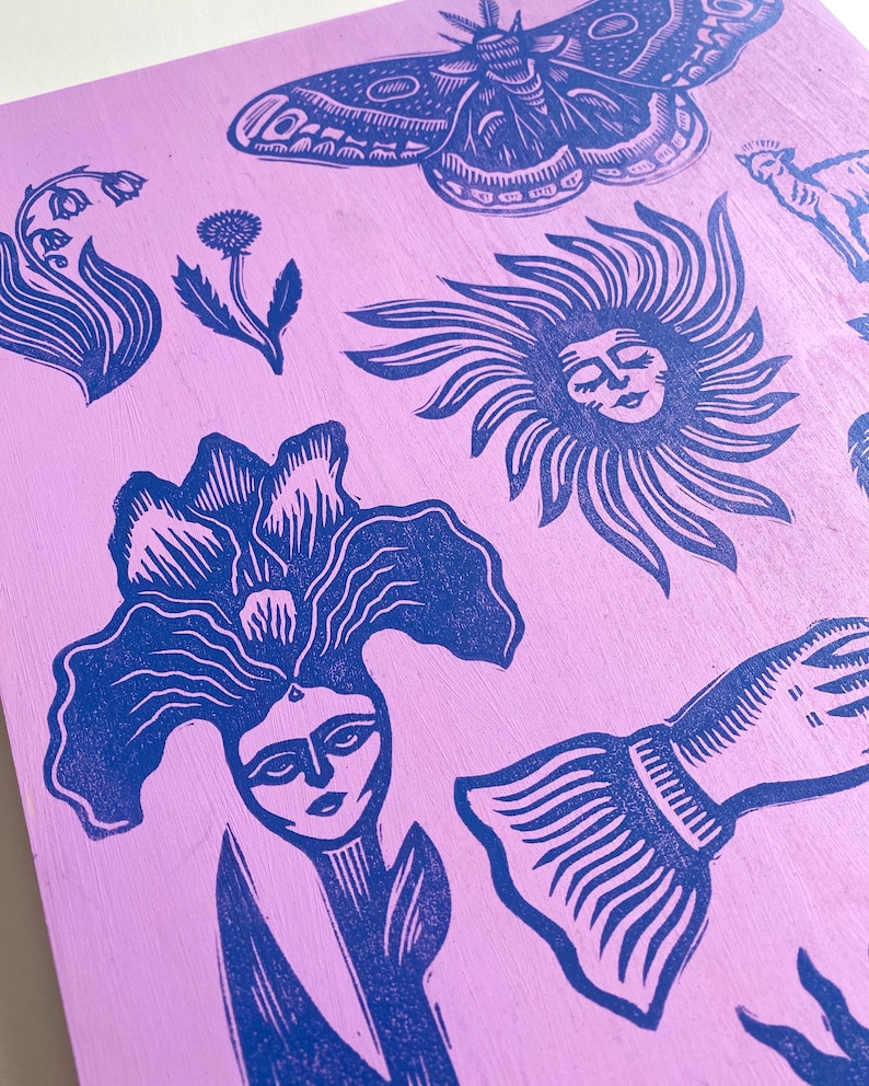 Hand Printed Linocut Wooden Panel | Block Print | Tattoo Ephemera | Handmade Home Decor | Gallery Wall image 4