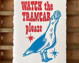 Watch the Tramcar Please Wildwood NJ Handmade Linocut Print | Beach Art | Seagull