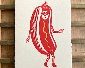 Hot Dog Lady Handmade Linocut Print | Whimsical Kitchen Decor | Gallery Wall