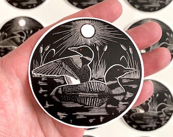 Loon Block Print Style Sticker | Water Bottle Laptop Sticker | Heated Rivalry | Bird Art