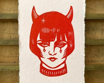Handmade Halloween Devil Girl Linocut Print | Block Print | Tattoo Flash | Gallery Wall | Handmade Print