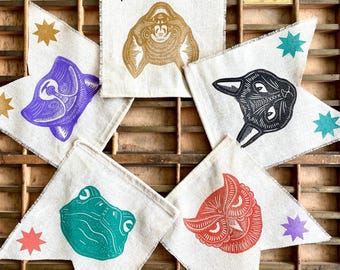 Creatures of the Night Handmade Block Print Linen Garland | Unique Halloween Decor | Bunting