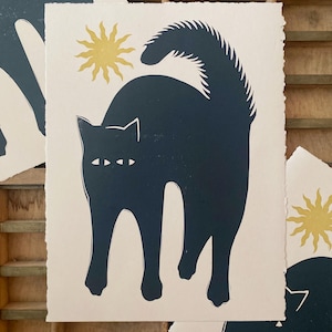 Scaredy Cat Linocut Print | Halloween Cat | Hissing Cat | Black Cat | Gallery Wall | Quirky Art | Cat Gift | Relief Print