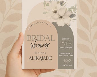 May include: A bridal shower invitation with a floral design and the text "BRIDAL shower" in a stylish font. The invitation includes the date, time, and RSVP information. The color palette includes beige, gray, and white.