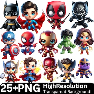 Peut inclure: Une collection de figurines de super-héros de style chibi, dont Batman, Superman et Deadpool. Les figurines sont aux couleurs vives et détaillées, avec le texte "25+PNG HighResolution Transparent Background" en bas.