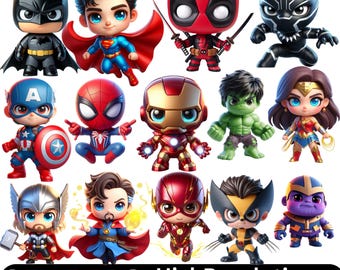 Paquete de imágenes prediseñadas de dibujos animados, 25 archivos PNG, adorables personajes chibi, descarga digital, fondo transparente de 300 DPI
