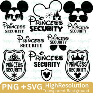 May include: A collection of black and white Princess Security themed clipart. Includes Mickey Mouse silhouettes, sunglasses, shields, and text. The image is labeled "PNG + SVG HighResolution Transparent Background."