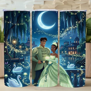 May include: A stainless steel tumbler featuring a romantic scene with a crescent moon, a couple, swans, and a nighttime cityscape. The design is predominantly blue and green, with accents of white and gold. The tumbler is designed for cold beverages.