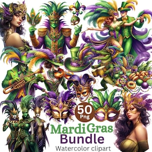 Peut inclure: Un ensemble de cliparts aquarelle numériques sur le thème du Mardi Gras. L'image comprend diverses figures masquées, des masques, des plumes et un chapeau haut de forme en violet, vert et or. Le texte sur l'image indique "Mardi Gras Bundle" et "50 Png".