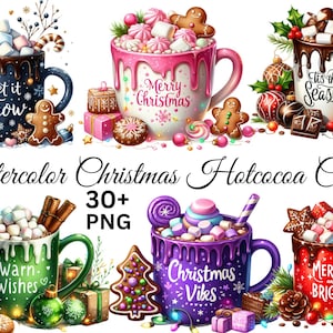 Op de afbeelding: Waterverf kerstmis warme chocolademelk clipart met zes mokken gevuld met marshmallows, peperkoekmannen en feestelijke decoraties. Elke mok heeft een uniek ontwerp met tekst als "Let it Snow" en "Merry Christmas".