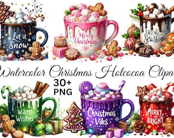 Conjunto de 30 imágenes PNG de clipart de chocolate caliente de invierno, clipart de chocolate caliente navideño, dulces navideños, gráficos de chocolate caliente acogedor, ilustraciones de bebidas festivas,