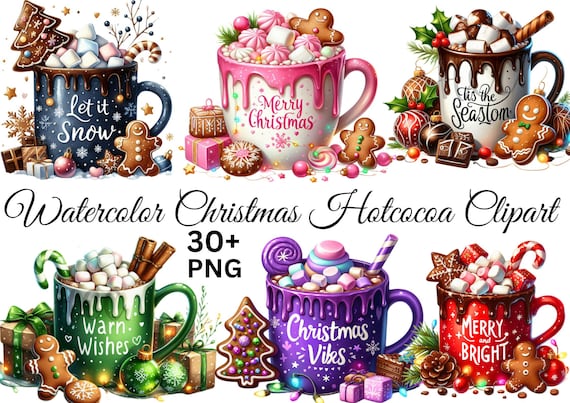 30 PNG set Winter Hot Cocoa  Clipart, Xmas Cocoa Clipart,  Xmas Sweets, Cozy Hot Chocolate Graphics, Festive Beverage Illustrations ,