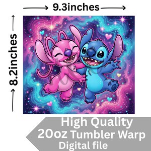 May include: A digital file featuring a vibrant illustration of two cartoon characters, one pink and one blue, embracing against a swirling galaxy background. The image is approximately 9.3 inches wide and 8.2 inches tall. Text at the bottom reads "High Quality 20oz Tumbler Warp Digital file."