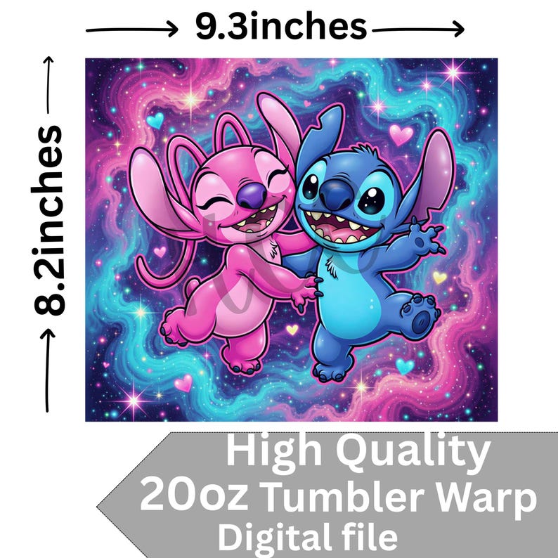 May include: A digital file featuring a vibrant illustration of two cartoon characters, one pink and one blue, embracing against a swirling galaxy background. The image is approximately 9.3 inches wide and 8.2 inches tall. Text at the bottom reads "High Quality 20oz Tumbler Warp Digital file."