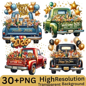 Puede incluir: Cuatro camionetas vintage en azul, verde, rojo y negro, cada una decorada para Año Nuevo con regalos, globos y champán. El texto incluye "Happy New Year", "Hello 2026" y "Welcome 2026". La imagen también incluye el texto "30+PNG High Resolution Transparent Background".
