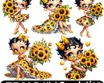 5 PNG Cute Cartoon Girl Sunflowers, Clipart Images, Digital design PNG file for sublimation, High Resolution, Instant Digital PNG Download