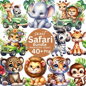 Puede incluir: Colección de imágenes prediseñadas de animales de safari en acuarela. Incluye una jirafa, una cebra, un elefante, un tigre, un león, un leopardo y un mono. Algunos animales están en jeeps verdes. El texto de la imagen dice "Sweet Safari Bundle Watercolor clipart 40+ Png."
