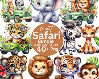 Clipart de safari dulce en acuarela, clipart de safari, animales de la selva PNG, león, cebra, elefante safari PNG, clipart de guardería, clipart de cumpleaños