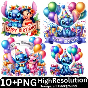 Op de afbeelding: Een verzameling kleurrijke digitale illustraties met het personage Stitch uit Lilo & Stitch. De afbeeldingen bevatten verjaardagsthema's met ballonnen, cadeaus en de tekst "Happy Birthday" en "It's my Birthday!". De afbeeldingen zijn gelabeld met "10+PNG High Resolution Transparent Background".