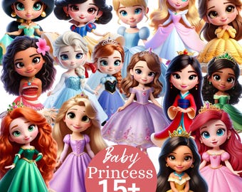 May include: A collection of 15+ baby princess PNG images. The princesses are depicted with large eyes and wearing colorful gowns. The image includes princesses such as Jasmine, Snow White, Cinderella, and Ariel.