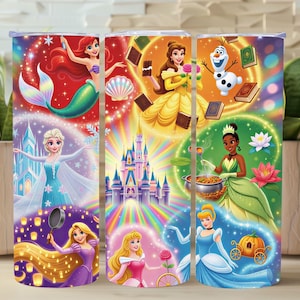 May include: A colorful tumbler featuring illustrations of Disney princesses. The design includes Ariel, Elsa, Belle, Tiana, Cinderella, and Rapunzel, with elements like a mermaid tail, castle, and a pumpkin carriage. The tumbler is a vibrant mix of colors.