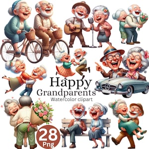 Puede incluir: Clipart de acuarela con ilustraciones de abuelos felices en diversas actividades. Las imágenes incluyen parejas bailando, montando en bicicleta, cantando y conduciendo un coche clásico. También se incluye el texto "Happy Grandparents" y "Watercolor clipart".