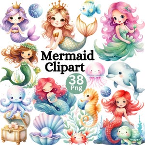 Può includere: Una collezione di clipart di sirene ad acquerello con varie sirene, creature marine ed elementi oceanici. L'immagine include sirene con diversi colori di capelli, corone e code, insieme a un delfino, un cavalluccio marino e altra vita marina. Il testo "Mermaid Clipart" è visualizzato.