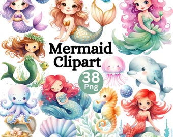 Clipart di sirena carina, PNG di sirena, sotto il mare, animali marini, code di sirena, cavalluccio marino, delfino, conchiglia, stella marina, uso commerciale