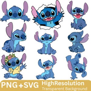May include: A collection of blue cartoon character illustrations in various poses. The character has large ears, a wide smile, and is often depicted with a playful expression. The image includes the text "PNG + SVG High Resolution Transparent Background."