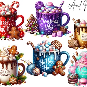 Op de afbeelding: Een verzameling feestelijke mokken gevuld met warme chocolademelk, marshmallows en peperkoek. Elke mok heeft een uniek ontwerp met vakantie zinnen zoals "Merry and Bright" en "Christmas Vibes". De afbeelding heeft een aquarel stijl met levendige kleuren en decoraties.