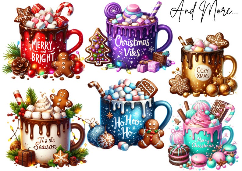 Op de afbeelding: Een verzameling feestelijke mokken gevuld met warme chocolademelk, marshmallows en peperkoek. Elke mok heeft een uniek ontwerp met vakantie zinnen zoals "Merry and Bright" en "Christmas Vibes". De afbeelding heeft een aquarel stijl met levendige kleuren en decoraties.