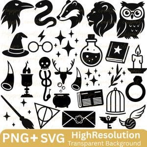 May include: A collection of black silhouette icons featuring a raven, snake, badger, lion, owl, wizard hat, round glasses, potion bottle, book with a star, candle, goblet, skull, deer antlers, cauldron, ring, wand, envelope, and birdcage.