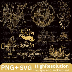 May include: A collection of gold-colored line art illustrations on a black background featuring a castle, a train, a key with wings, a feather, and text including "Believe in Magic," "It's LeviOsa not LeviosA," "Alohomora," and "After all this time? Always."