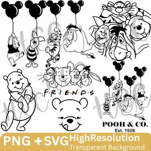 Puede incluir: Dibujo lineal en blanco y negro con Winnie the Pooh y sus amigos. Incluye imágenes de Pooh, Piglet, Tigger, Eeyore y otros. Se muestra la palabra "FRIENDS", junto con "POOH & CO. Est. 1926".