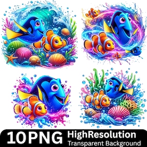 10 Cute Fish PNG Clipart, Splash and Watercolor Design for Sublimation, Wall art prints, shirt design, Digital Instant Download