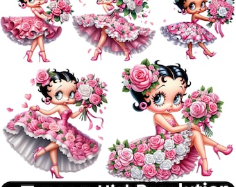 5 PNG Cute Cartoon Girl Pink Roses, Clipart Images, Digital design PNG file for sublimation, High Resolution, Instant Digital PNG Download