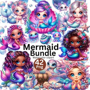 Peut inclure: Un ensemble de cliparts numériques à l'aquarelle représentant plusieurs sirènes aux queues, cheveux et ornements floraux colorés. L'image comprend le texte "Mermaid Bundle" et "42 Png". Les sirènes sont entourées de créatures marines et de bulles.