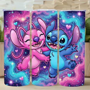 May include: A tumbler featuring a vibrant design of the characters Stitch and Angel from Lilo & Stitch. The characters are hugging against a swirling galaxy background with hearts and stars. The tumbler is cylindrical and likely made of stainless steel.