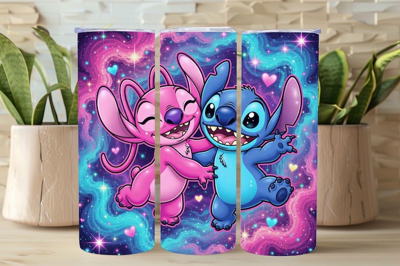 May include: A tumbler featuring a vibrant design of the characters Stitch and Angel from Lilo & Stitch. The characters are hugging against a swirling galaxy background with hearts and stars. The tumbler is cylindrical and likely made of stainless steel.