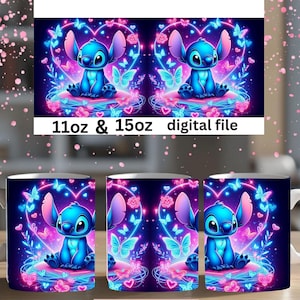 May include: A set of ceramic mugs featuring a blue cartoon character in a heart-shaped design with butterflies and flowers. The mugs have a white handle and a glossy finish. The text "11oz & 15oz digital file" is visible.