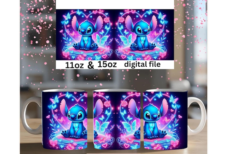 May include: A set of ceramic mugs featuring a blue cartoon character in a heart-shaped design with butterflies and flowers. The mugs have a white handle and a glossy finish. The text "11oz & 15oz digital file" is visible.