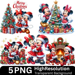 May include: A digital illustration featuring Mickey and Minnie Mouse in festive Christmas attire. They are depicted in various poses, including decorating a Christmas tree and embracing. The image includes the text "Merry Christmas" and "5 PNG HighResolution Transparent Background."