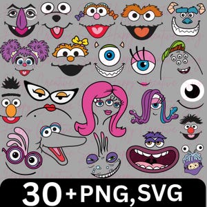 May include: A collection of colorful cartoon monster faces and facial features, including eyes, mouths, and noses. The image includes the text "30+ PNG, SVG" at the bottom, indicating the availability of digital graphic files.